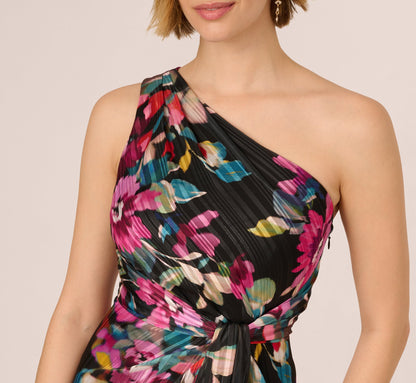 One Shoulder Metallic Floral Stripe Gown In Black Multi