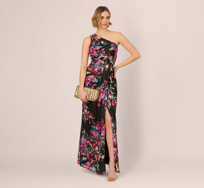 One Shoulder Metallic Floral Stripe Gown In Black Multi