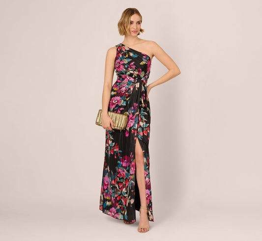 One Shoulder Metallic Floral Stripe Gown In Black Multi