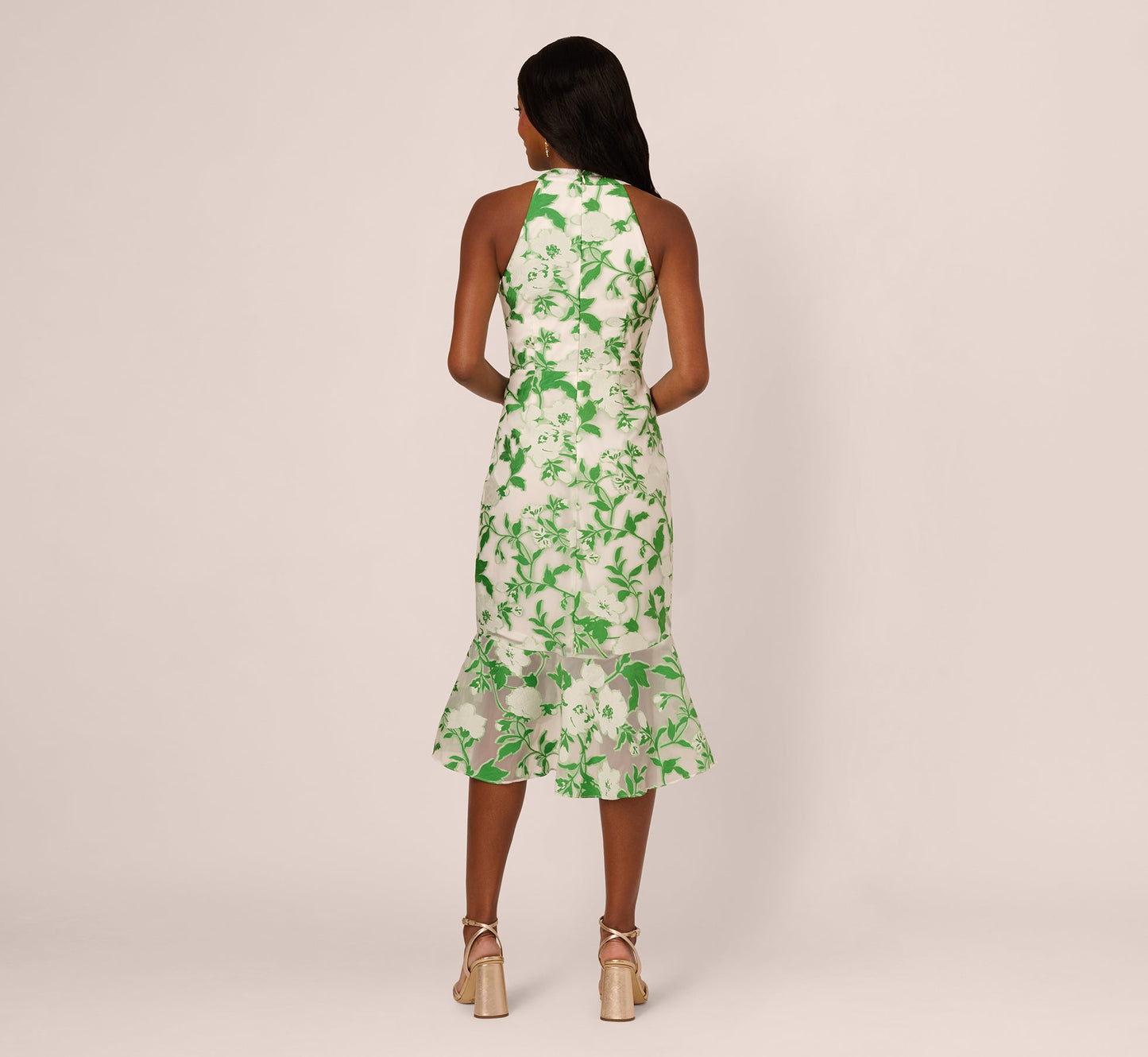 Sleeveless Organza Jacquard Mermaid Midi Dress In Green Ivory