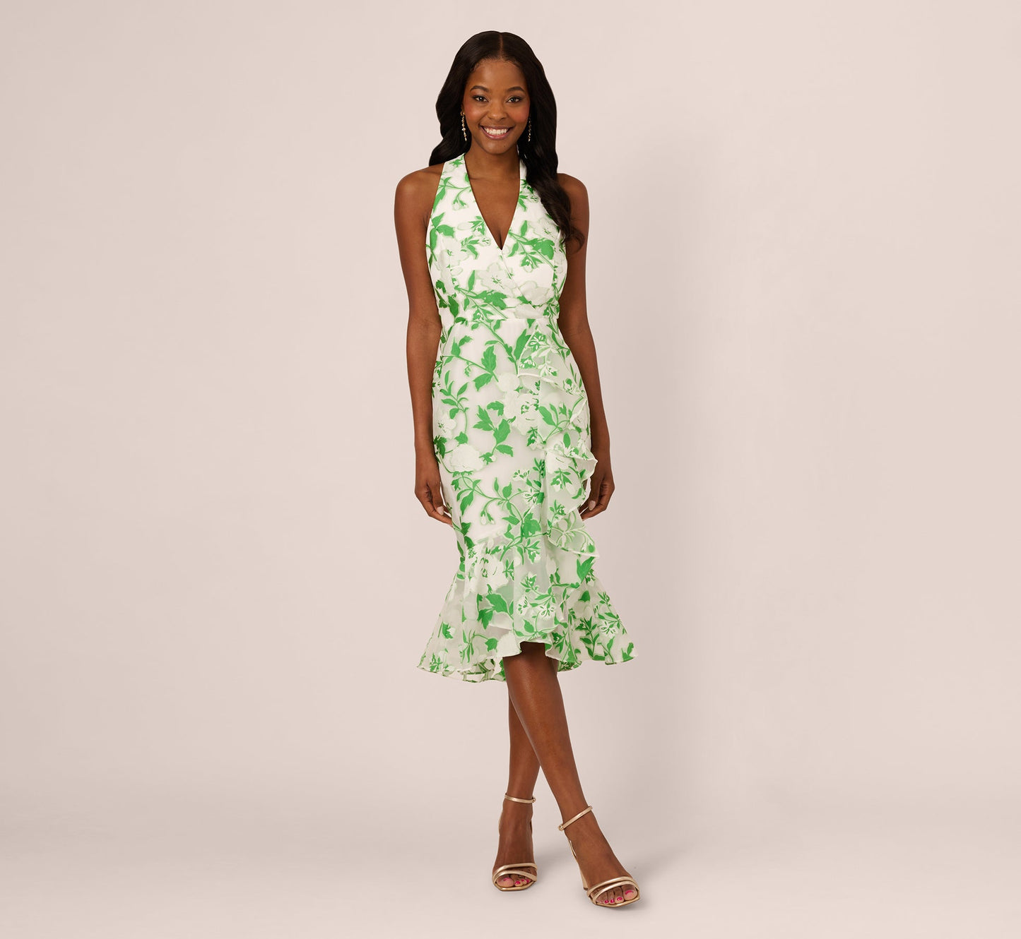 Sleeveless Organza Jacquard Mermaid Midi Dress In Green Ivory