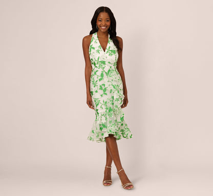 Sleeveless Organza Jacquard Mermaid Midi Dress In Green Ivory