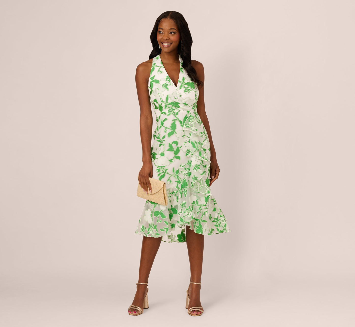 Sleeveless Organza Jacquard Mermaid Midi Dress In Green Ivory