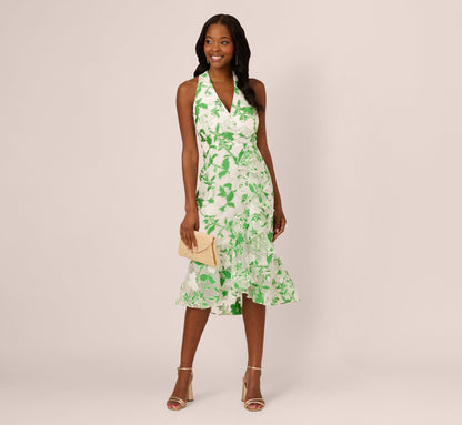 Sleeveless Organza Jacquard Mermaid Midi Dress In Green Ivory