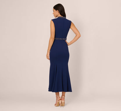 Sleeveless Mock Neck Pearly Midi Dress In Navy Sateen