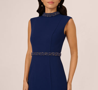 Sleeveless Mock Neck Pearly Midi Dress In Navy Sateen