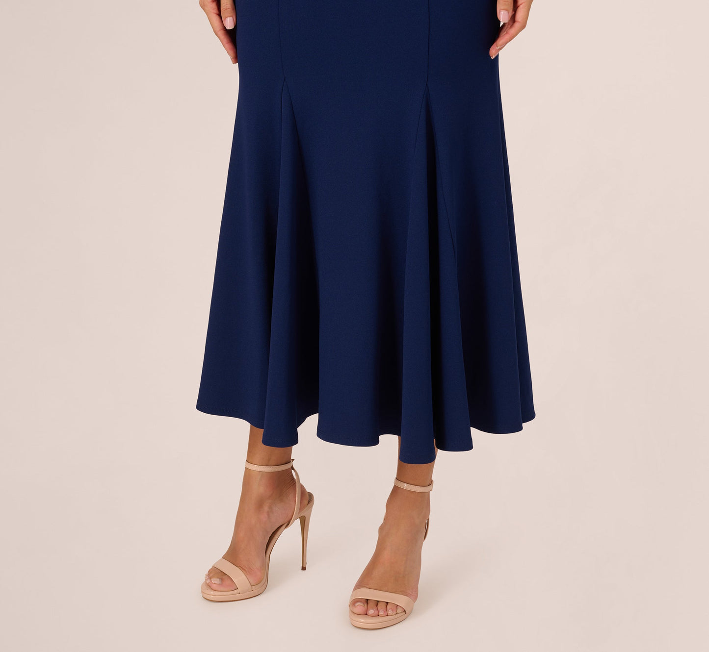 Sleeveless Mock Neck Pearly Midi Dress In Navy Sateen