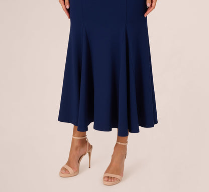 Sleeveless Mock Neck Pearly Midi Dress In Navy Sateen
