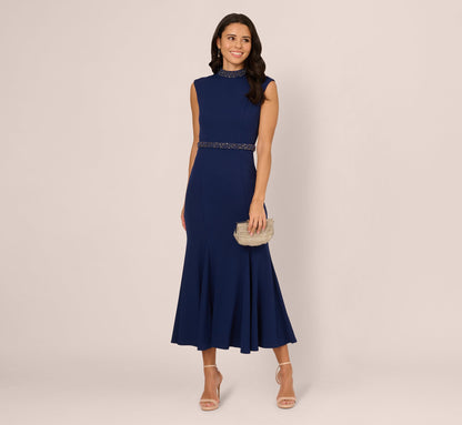 Sleeveless Mock Neck Pearly Midi Dress In Navy Sateen