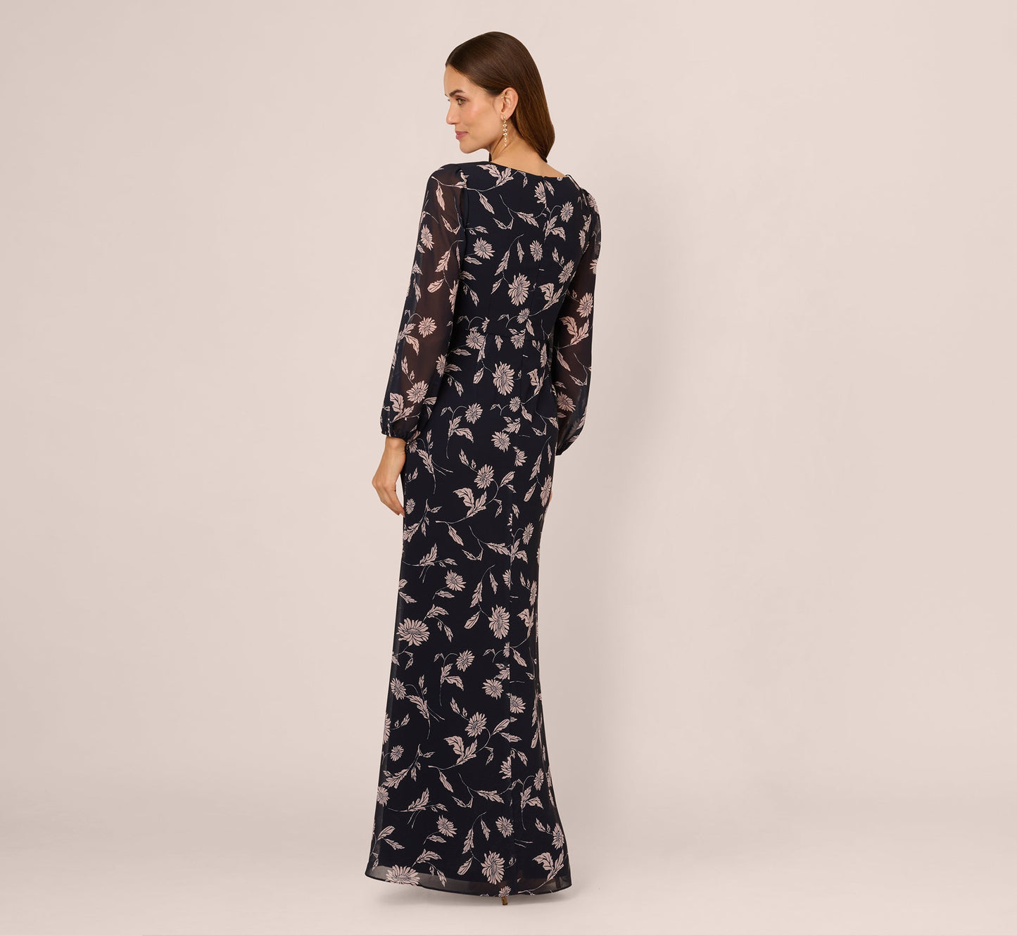 Long Sleeve Floral Chiffon Maxi Dress In Navy Blush