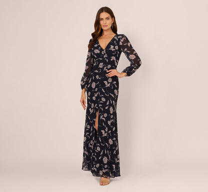 Long Sleeve Floral Chiffon Maxi Dress In Navy Blush