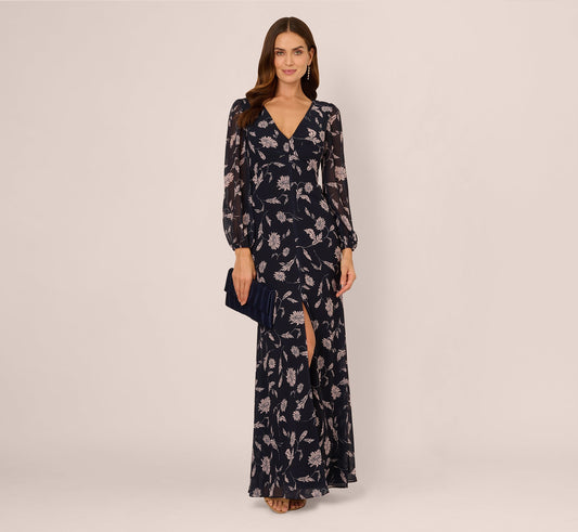 Long Sleeve Floral Chiffon Maxi Dress In Navy Blush