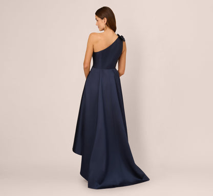 One Shoulder Draped Mikado High Low Gown In Midnight
