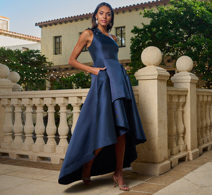 One Shoulder Draped Mikado High Low Gown In Midnight