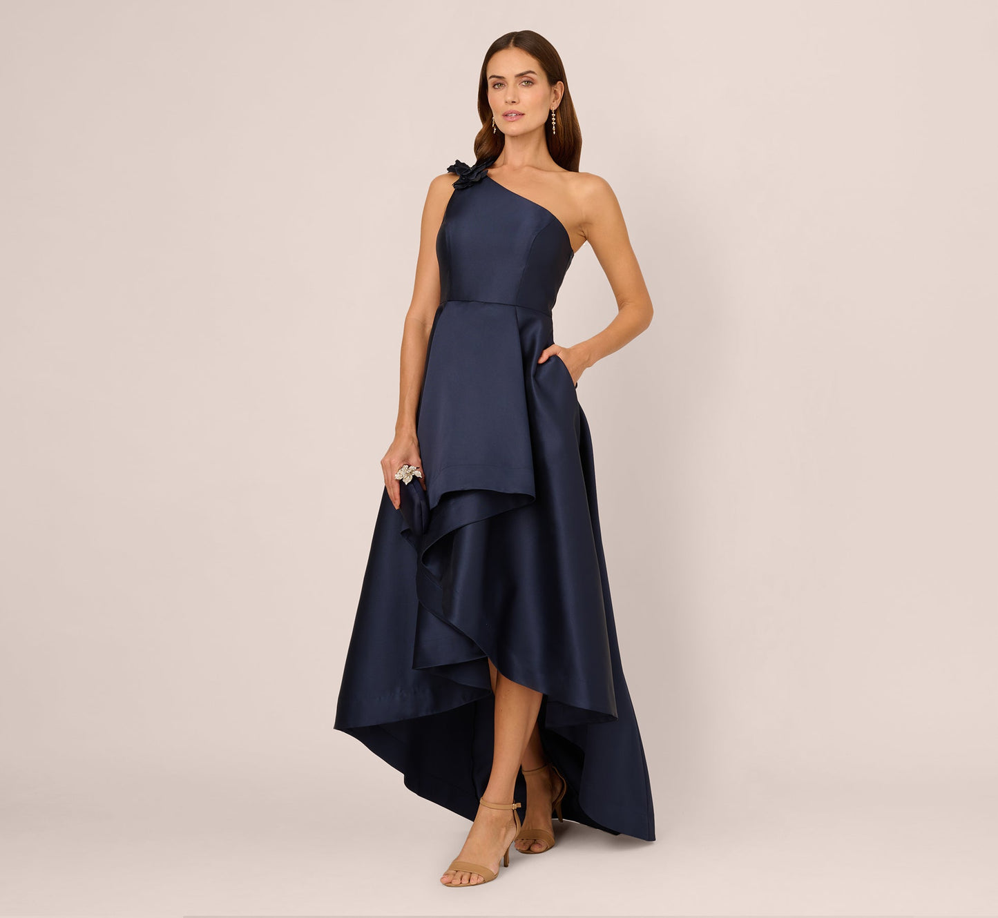 One Shoulder Draped Mikado High Low Gown In Midnight