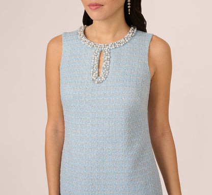 Sleeveless Tweed Beaded Keyhole Shift Dress In Light Blue