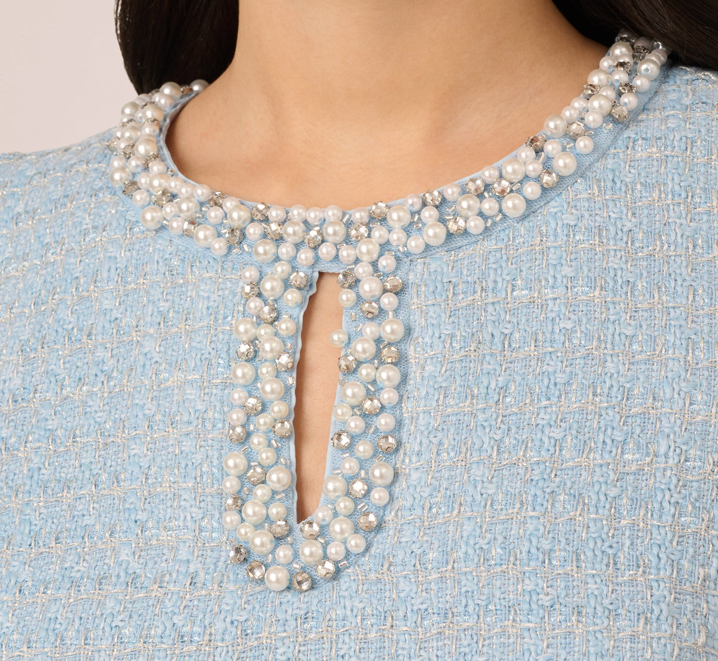 Sleeveless Tweed Beaded Keyhole Shift Dress In Light Blue