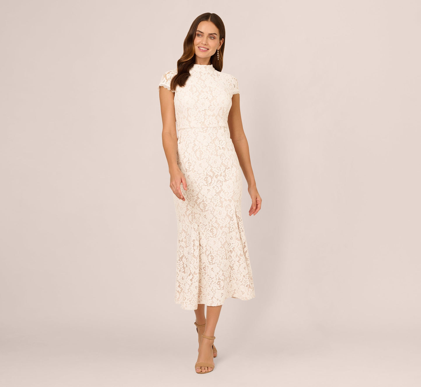 Cap Sleeve Lace Midi Dress In Ivory Nude