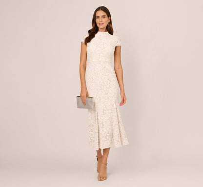 Cap Sleeve Lace Midi Dress In Ivory Nude