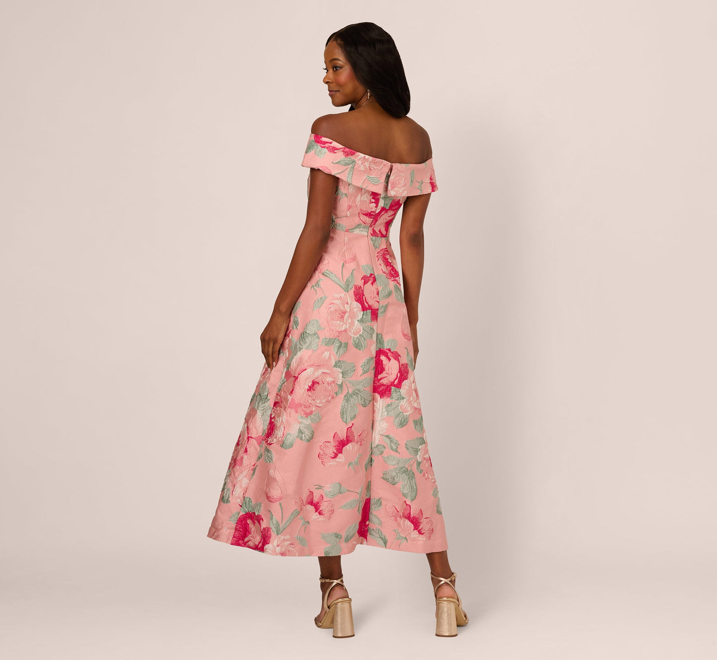 Off Shoulder Floral Jacquard Fit And Flare Gown In Pink Multi