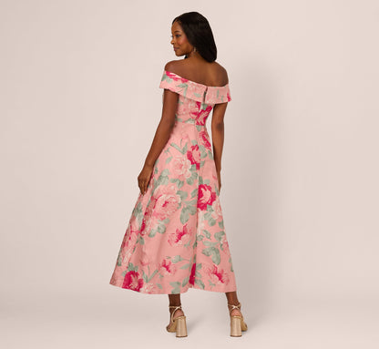 Off Shoulder Floral Jacquard Fit And Flare Gown In Pink Multi