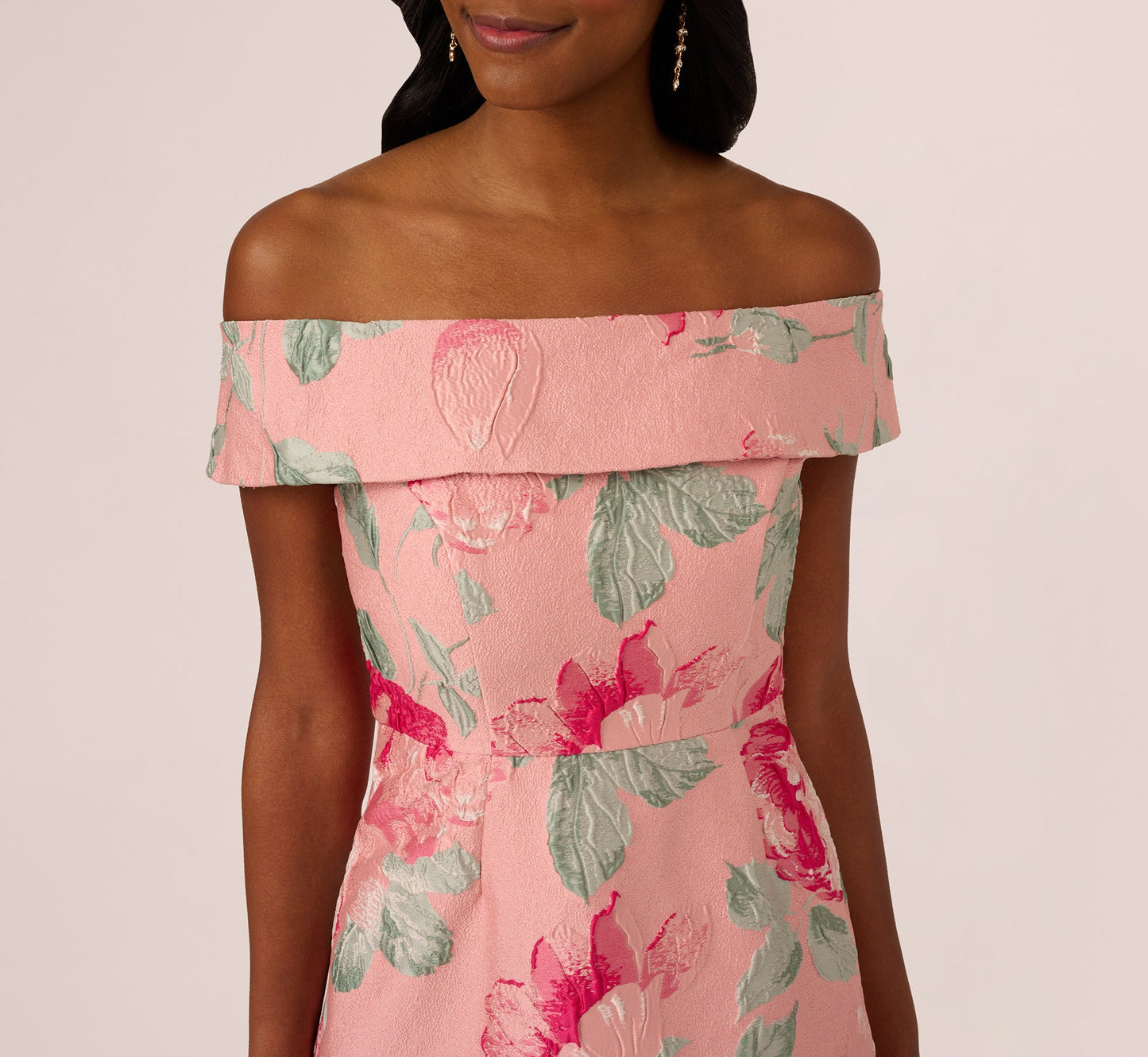 Off Shoulder Floral Jacquard Fit And Flare Gown In Pink Multi
