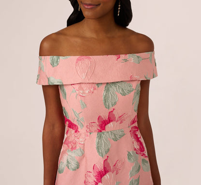 Off Shoulder Floral Jacquard Fit And Flare Gown In Pink Multi
