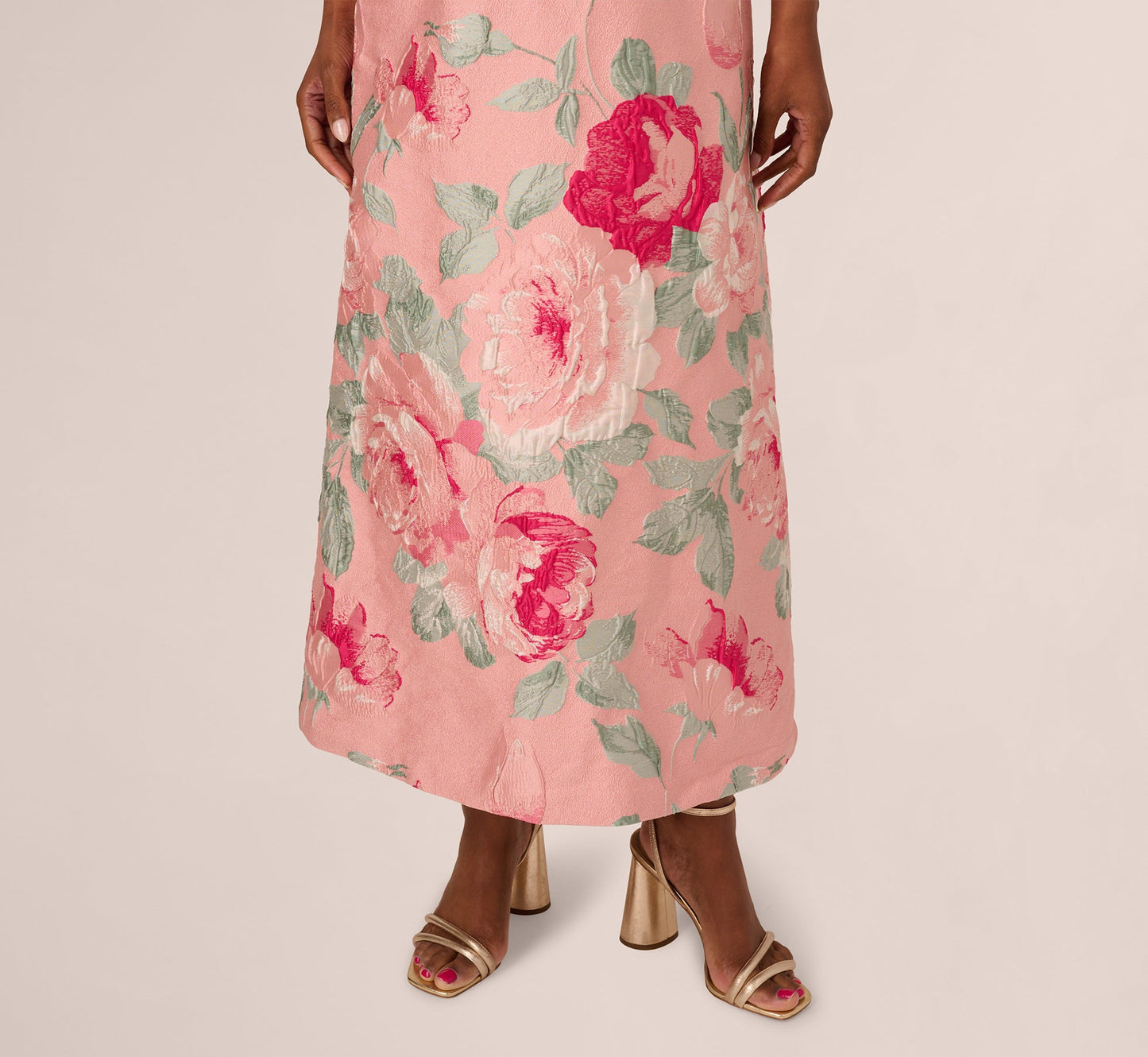 Off Shoulder Floral Jacquard Fit And Flare Gown In Pink Multi