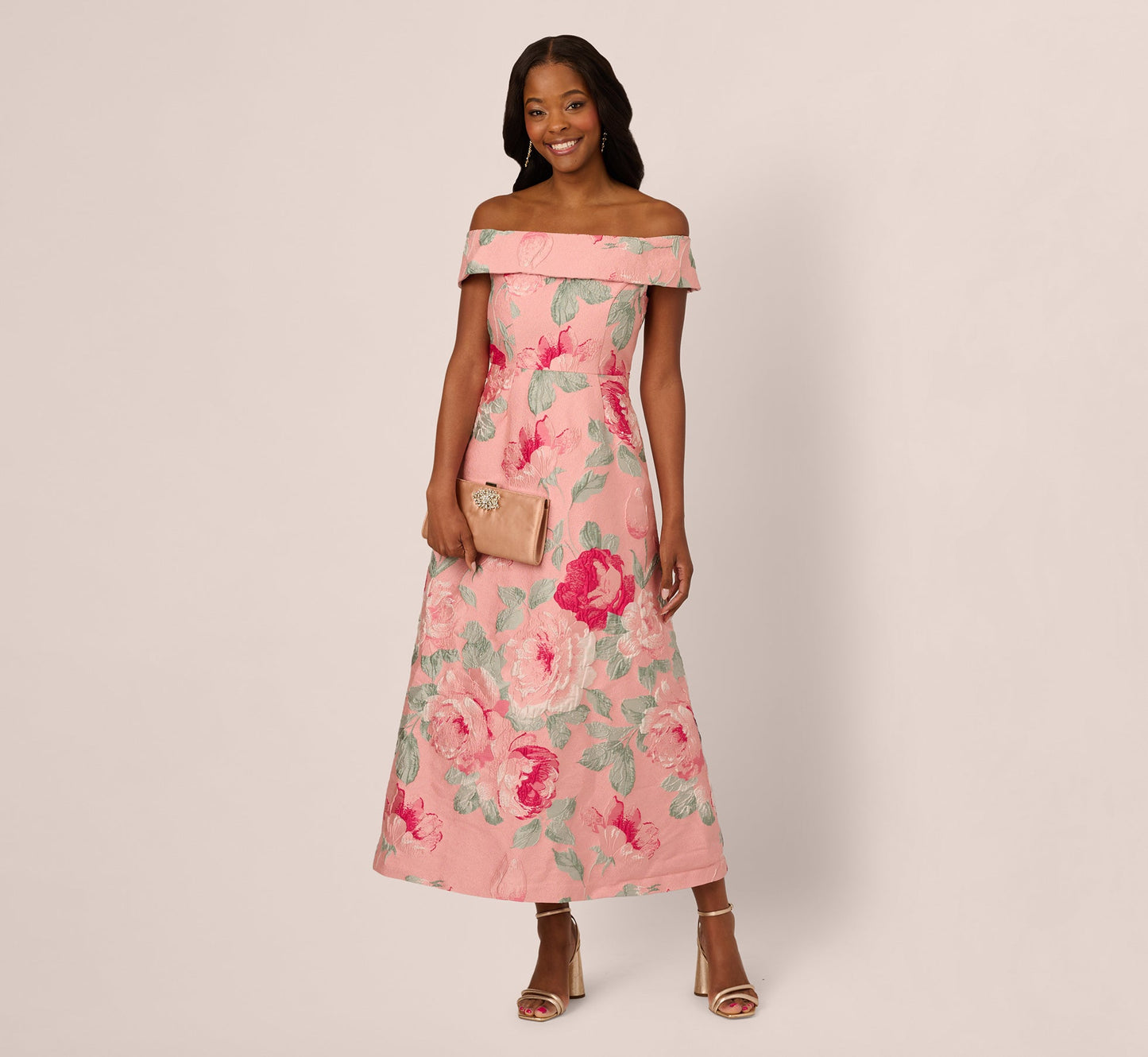 Off Shoulder Floral Jacquard Fit And Flare Gown In Pink Multi