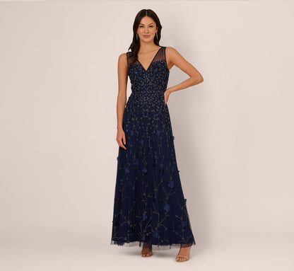 Sleeveless Illusion 3D Petal Beaded Gown In Light Navy