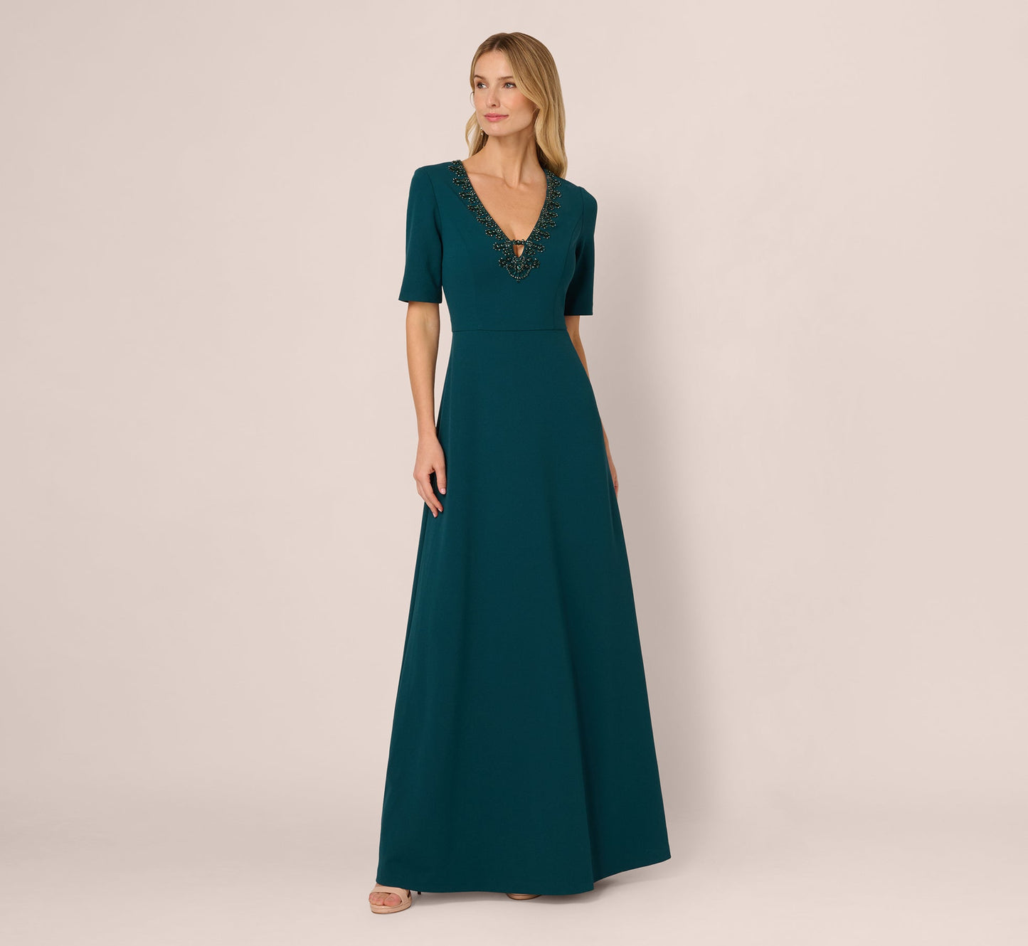 Short Sleeve Beaded Keyhole Gown In Hunter