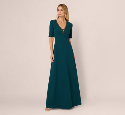 Short Sleeve Beaded Keyhole Gown In Hunter