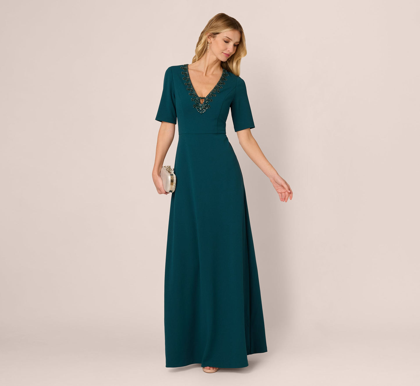 Short Sleeve Beaded Keyhole Gown In Hunter