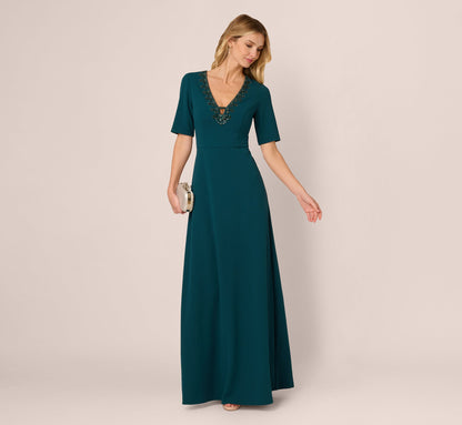 Short Sleeve Beaded Keyhole Gown In Hunter