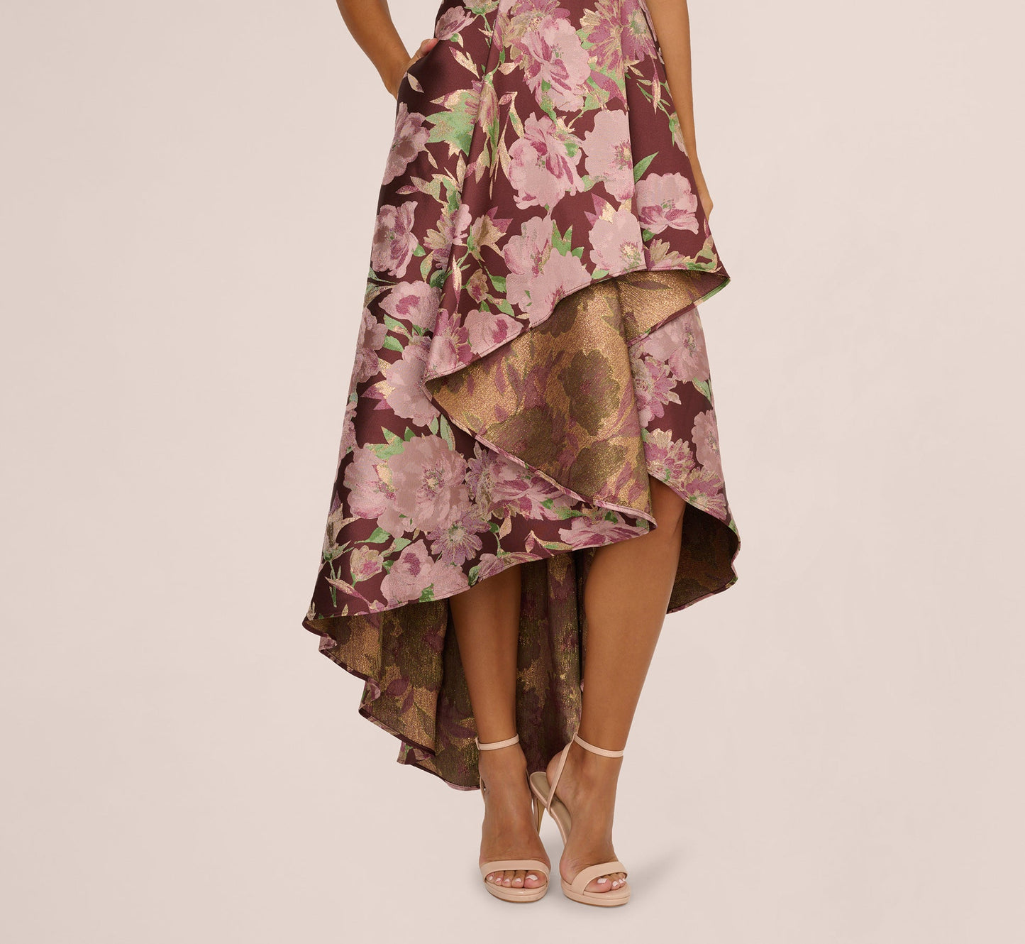 Sleeveless Floral Jacquard High Low Gown In Burgundy Multi