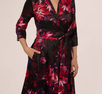 Three Quarter Sleeve Floral Taffeta Shirt Dress In Black Multi