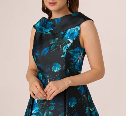 Sleeveless Roll Collar Floral Midi Dress In Navy Multi