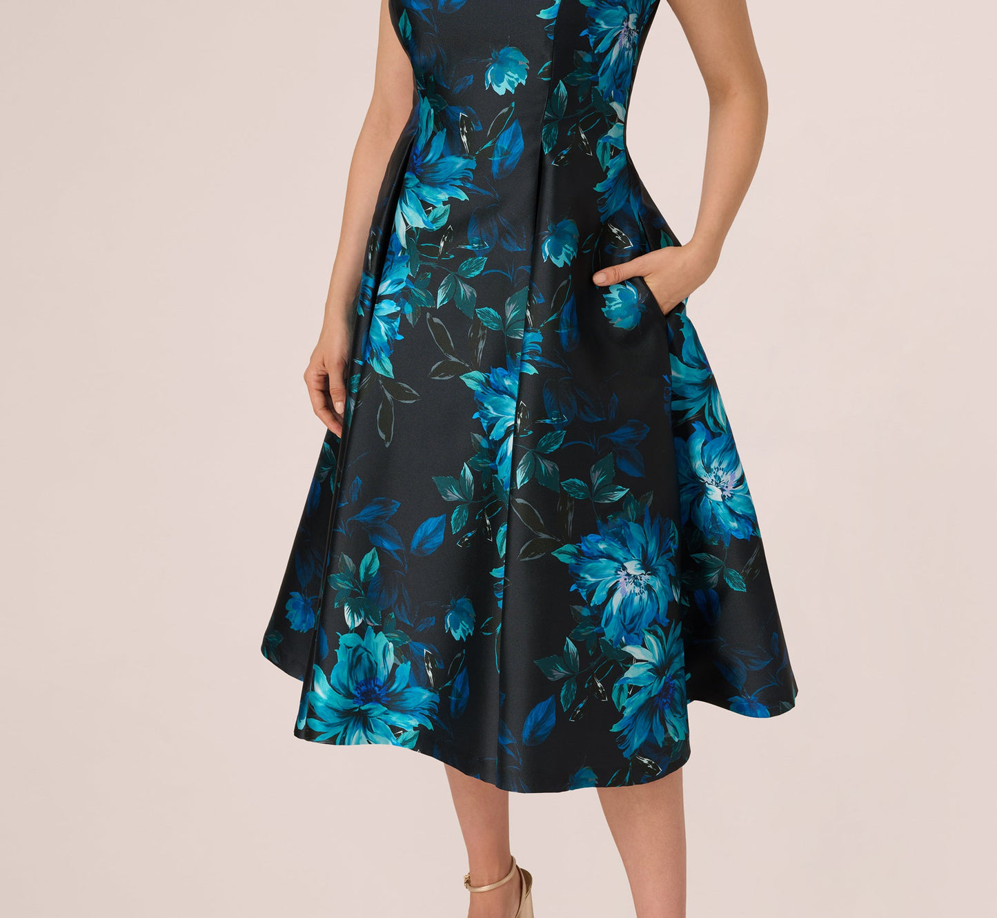 Sleeveless Roll Collar Floral Midi Dress In Navy Multi
