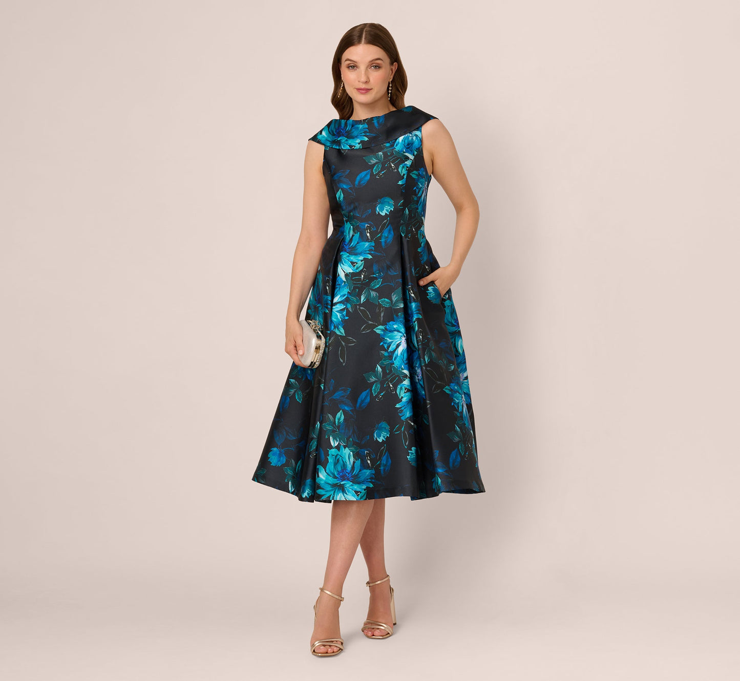 Sleeveless Roll Collar Floral Midi Dress In Navy Multi