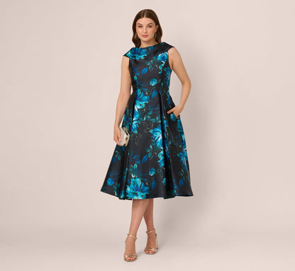 Sleeveless Roll Collar Floral Midi Dress In Navy Multi