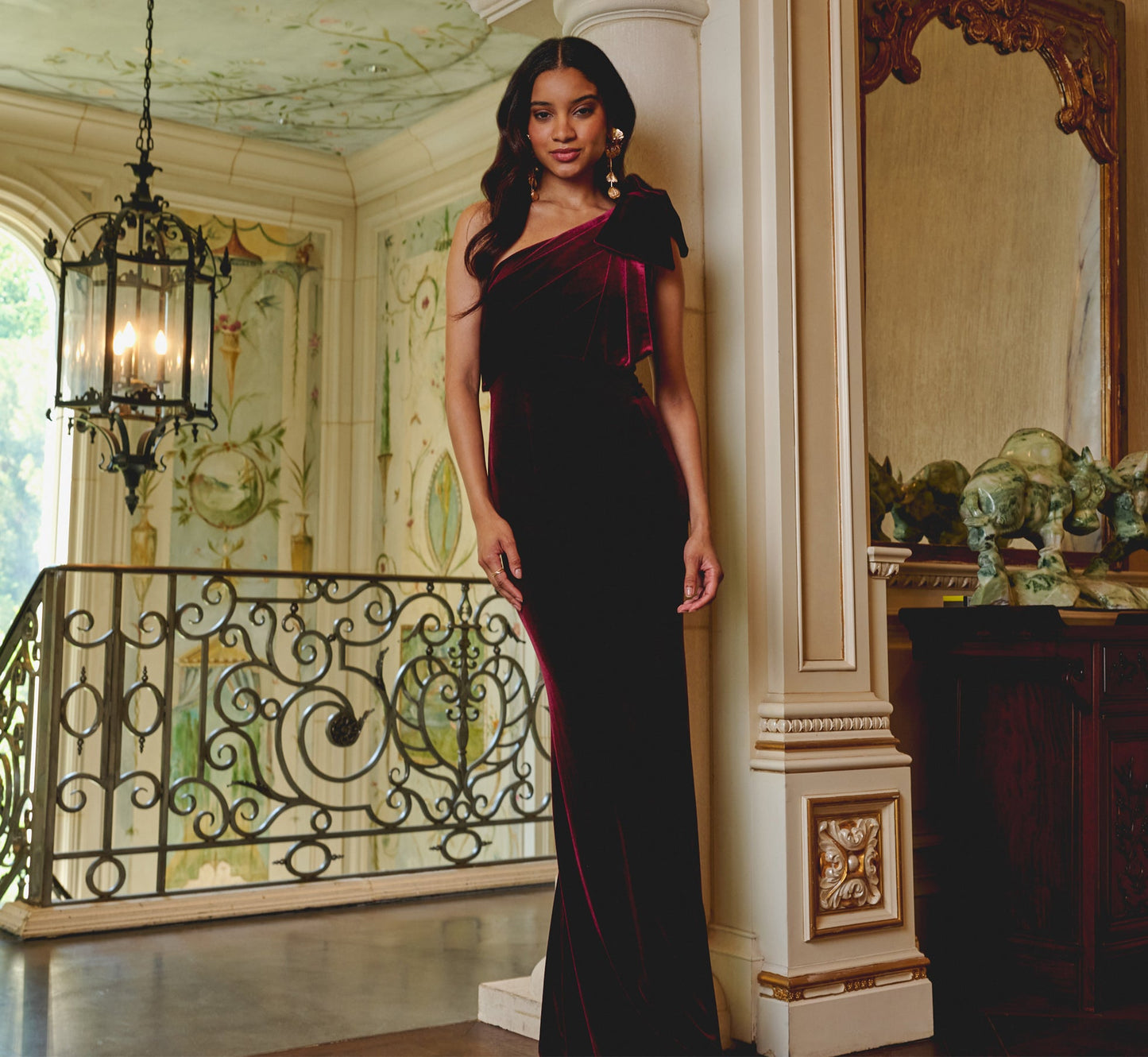One Shoulder Velvet Bow Gown In Bordeaux