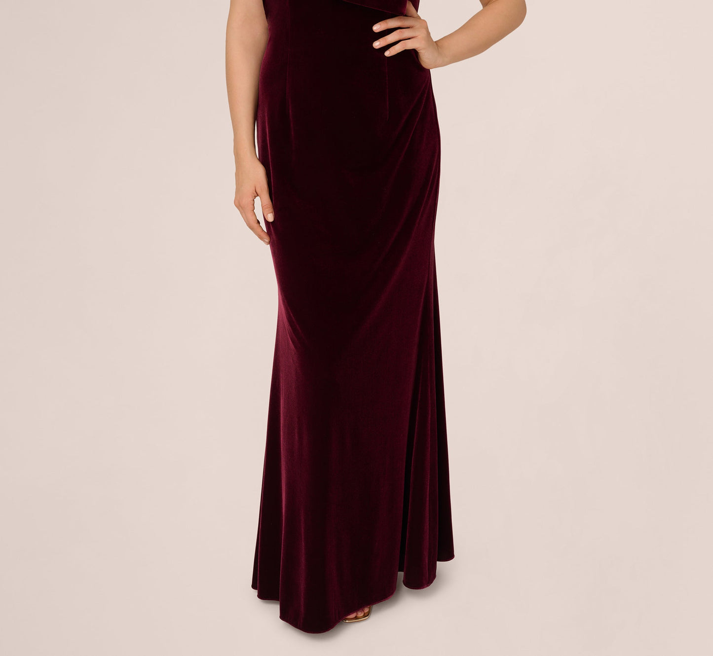 One Shoulder Velvet Bow Gown In Bordeaux