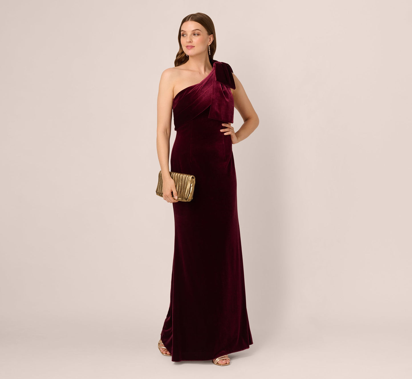 One Shoulder Velvet Bow Gown In Bordeaux