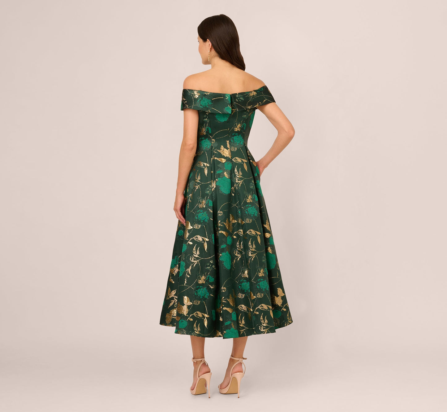 Off Shoulder Metallic Jacquard Midi Dress In Hunter Gold