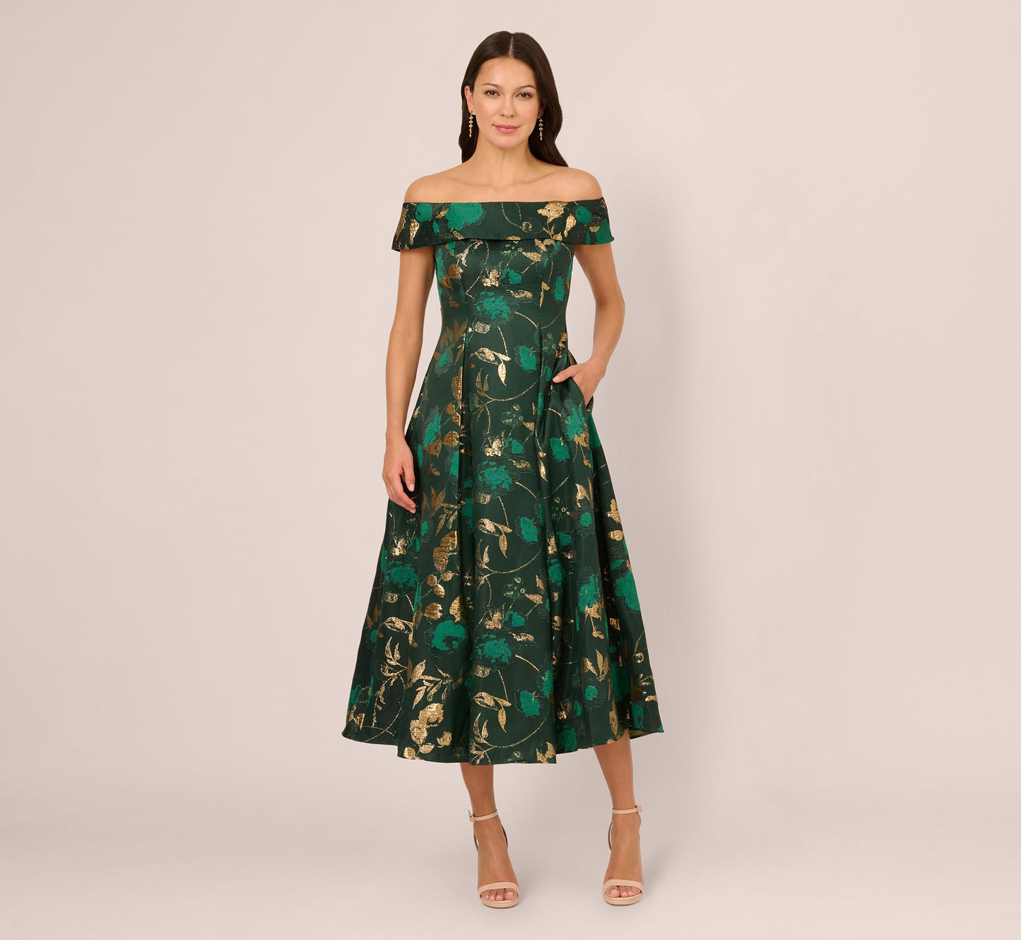 Off Shoulder Metallic Jacquard Midi Dress In Hunter Gold