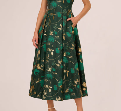 Off Shoulder Metallic Jacquard Midi Dress In Hunter Gold