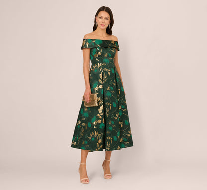 Off Shoulder Metallic Jacquard Midi Dress In Hunter Gold
