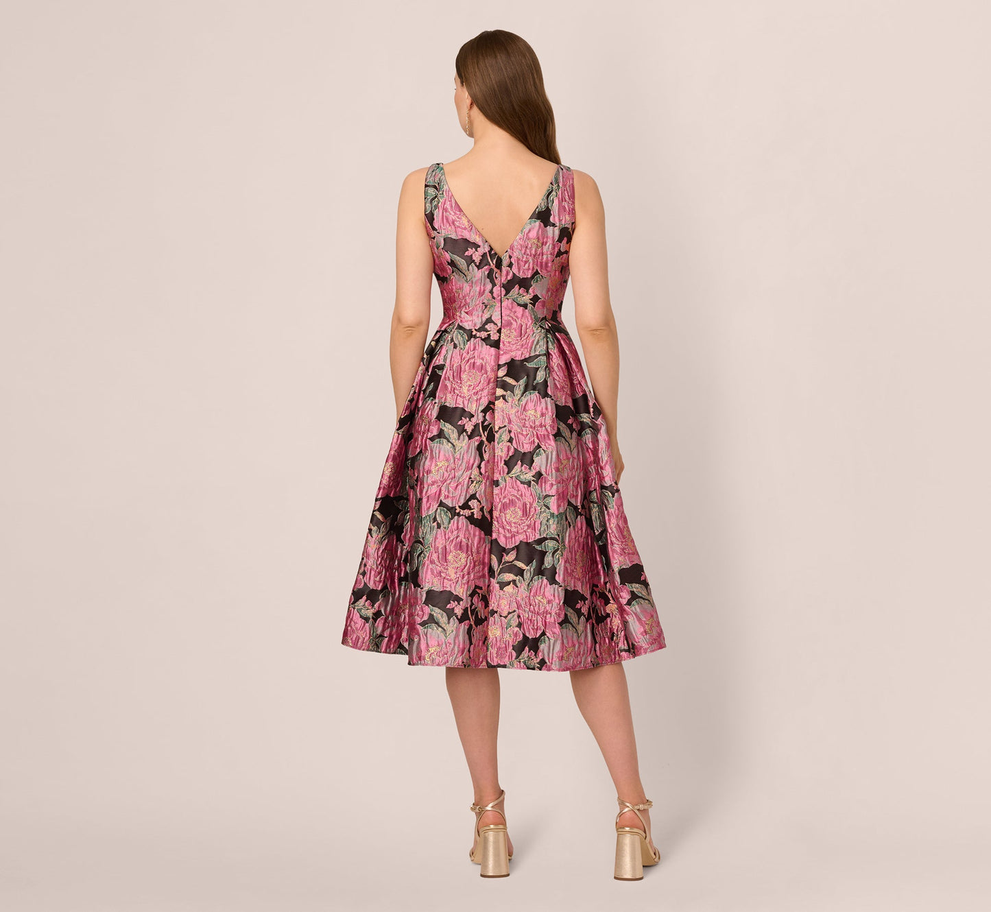 Sleeveless Metallic Floral Jacquard Midi Dress In Black Pink Multi