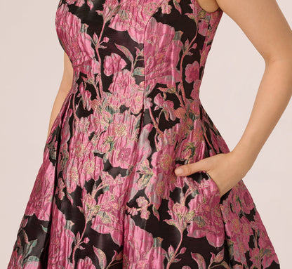 Sleeveless Metallic Floral Jacquard Midi Dress In Black Pink Multi