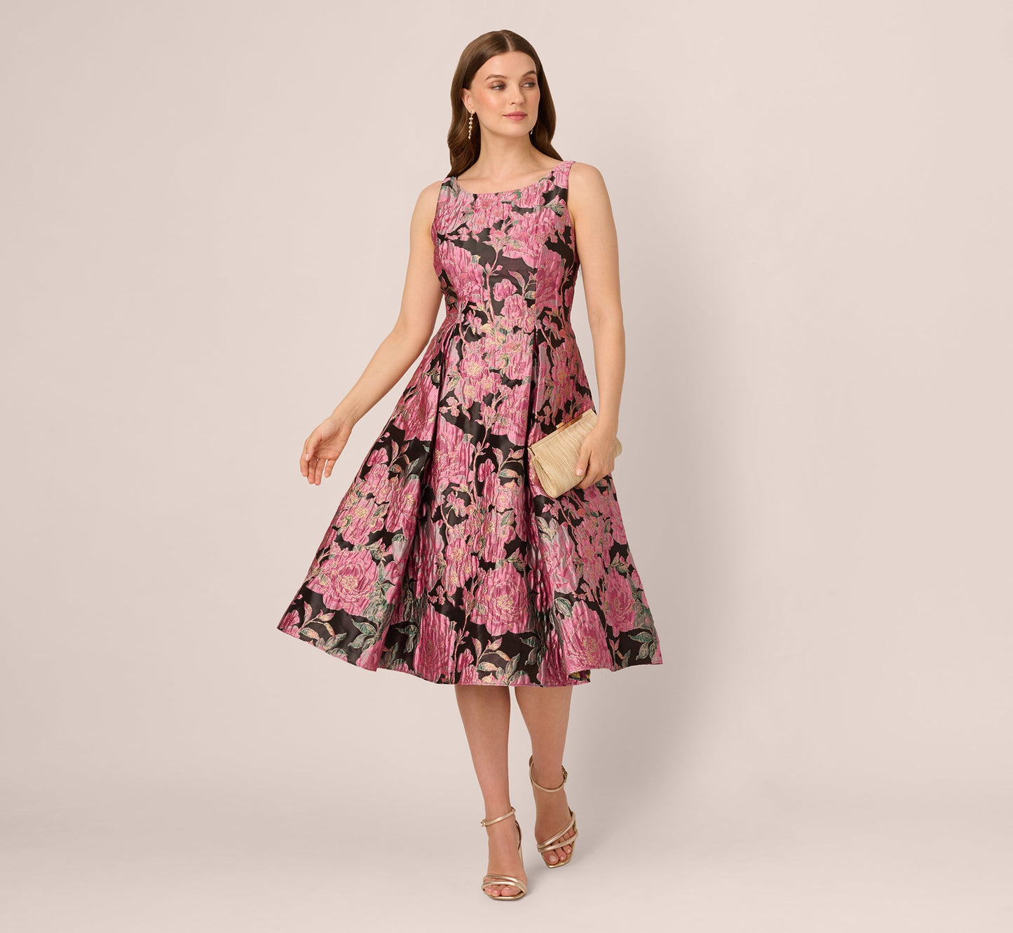 Sleeveless Metallic Floral Jacquard Midi Dress In Black Pink Multi